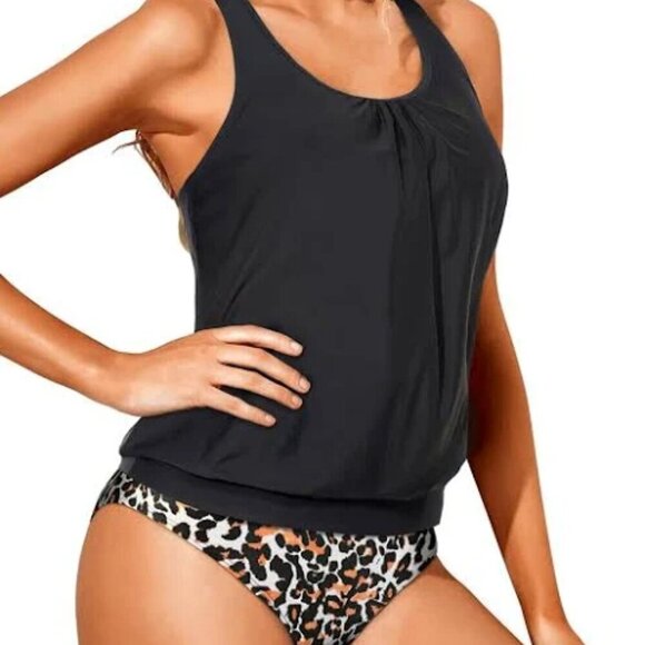 BLACK TANKINI SWIM TOP LEOPARD HIGH WAIST RUCHED SWIM BOTTOM SIZE SMALL NWT - Picture 1 of 2